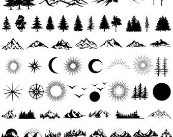 54 berg en bos SVG-bundel, bomen svg, bos Svg Cricut, berg svg clipart, silhouet svg gesneden bestand, buiten svg, vogels svg