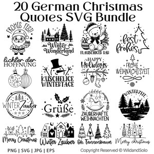 Puede incluir: Una colección digital de 20 diseños gráficos en blanco y negro con temática navideña que incluyen iconos festivos como Santa, muñecos de nieve, renos y árboles, acompañados de frases en alemán e inglés como Frohes Fest y Winter Zauber.