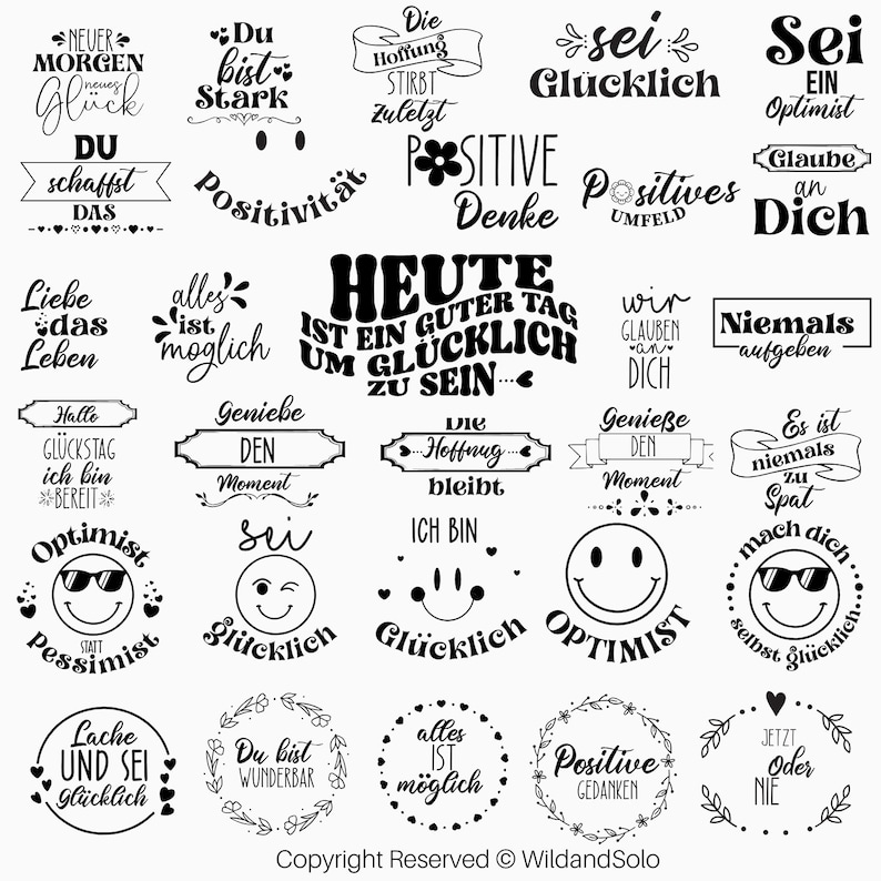 Peut inclure: Graphiques de citations motivantes en noir et blanc avec des messages positifs tels que "Soyez heureux", "N'abandonnez jamais", "Croyez en vous" et "Aujourd'hui est un bon jour pour &ecirc;tre heureux".