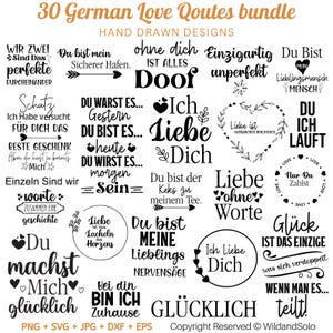 May include: A black and white graphic design bundle of 30 German love quotes. The quotes are hand-drawn and feature hearts, arrows, and other romantic symbols. The text includes phrases like "Du bist mein sicherer Hafen" and "Ich liebe dich".
