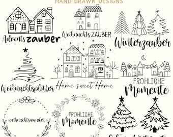 May include: A set of 20 hand-drawn Christmas designs in black and white. The designs include houses, Christmas trees, wreaths, and text in German, such as "Adventszauber", "Weihnachtszauber", "Winterzauber", "Weihnachtsplitter", "Home sweet Home", "Frohliche Momente", "Weihnachtswunder", and "Schöne Winterzeit".
