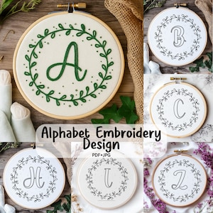 May include: Alphabet embroidery design featuring the letters A, B, C, H, I, and Z, each within a green leaf wreath. The design is displayed on white fabric stretched within wooden embroidery hoops. The text "Alphabet Embroidery Design PDF+JPG" is also visible.