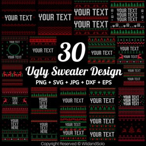 Puede incluir: Una colección de 30 diseños de suéteres feos en rojo, verde y blanco sobre un fondo negro. Cada diseño incluye el texto "YOUR TEXT" y varios patrones temáticos de vacaciones, como renos, árboles y copos de nieve. Disponibles en formatos PNG, SVG, JPG, DXF y EPS.