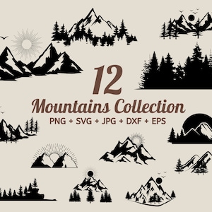 12 Mountain SVG bundle, Outdoor svg, Travel svg, Trees svg, Forest Svg Cricut, Mountain svg clipart, Hills svg, sun svg, moon svg, trees svg