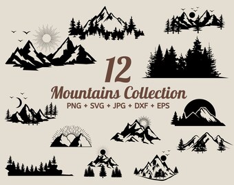12 berg SVG-bundel, buiten svg, reizen svg, bomen svg, bos Svg Cricut, berg svg clipart, heuvels svg, zon svg, maan svg, bomen svg