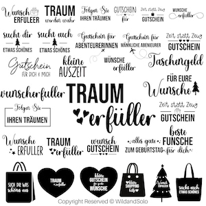 May include: Black and white graphic design elements with text in German. The text includes the words "Wunsch", "Traum", "Gutschein", "Zeit statt Zeug", "erfiiller", "suchen", "etwas Schönes", "kleine Auszeit", "beste Funsche", "alles gute", "zum Geburtstag", "für dich", "Shopping Hilfe", "für eure", "Wünsche", "Folgen Sie", "Ihren Träumen".