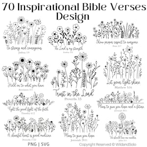 Bundle de 70 inspirations bibliques Svg, fleurs sauvages de la Bible Svg, écriture Svg, Svg floral, elle est forte, png chrétien