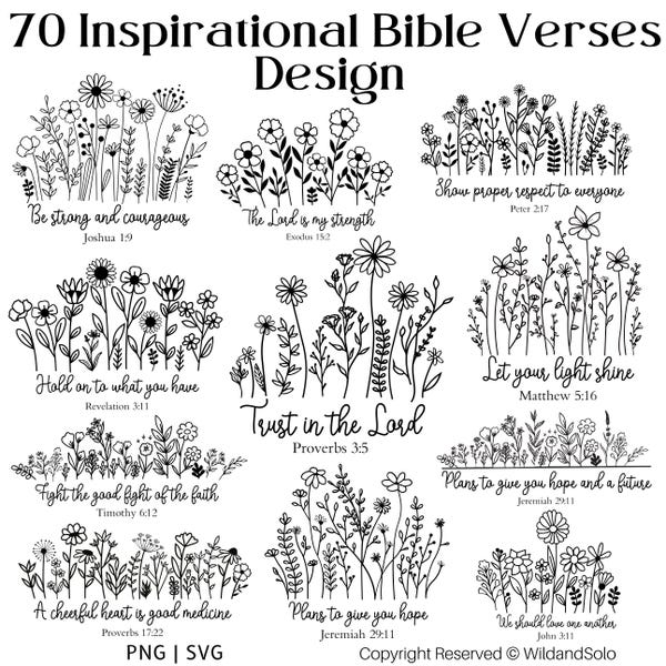 70 inspirerende bijbelvers Svg-bundel, Bijbel wilde bloemen Svg, schrift Svg, Floral Svg, She Is Strong, Christian Png