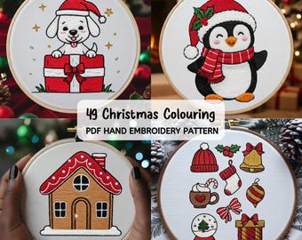49 Christmas Colouring Embroidery Pattern | Printable Stick and Stitch | Holiday Hoop Art | Hand Embroidery Pattern Diy | Instant Download