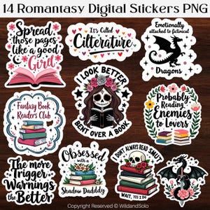 May include: A set of 14 digital stickers with a romance and fantasy theme. The stickers feature phrases such as "Cilterature", "Dragons", and "Probably Reading Enemies to Lovers", alongside illustrations of books and a skull.