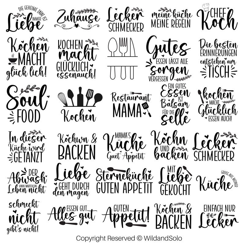 Op de afbeelding: Een verzameling zwart-wit citaten en zinnen met een keukenthema. De afbeelding bevat verschillende tekstontwerpen, waaronder woorden als "Liefde", "Koken" en "Soul Food", geschikt voor keukendecoratie of knutselprojecten.