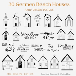 May include: A set of 30 black and white illustrations of beach houses. The illustrations are hand-drawn and feature various designs, including beach houses with flags, anchors, and windows. The text "30 German Beach Houses" and "Hand Drawn Designs" is at the top of the image. The text "Strandhaus Träume", "Hans am Meer", "Was will man Meer?", "Im Leben am schönsten werde ich Strandhaus Besitzerin", "Strand Geflüster", "Ein Tag am Meer", and "Strandhaus Sehnsucht" is included in the image.