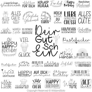 May include: Black and white printable birthday card designs with various phrases like "Happy Birthday", "Alles Gute zum Geburtstag", "Liebes Geburtstags Grüße", and "Dein Gut & Sch Ein".