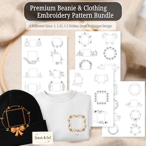 May include: An embroidery pattern bundle for beanies and clothing. The image features a black beanie and a white t-shirt, both with embroidered designs. The patterns include floral and geometric designs, with sizes of 2.5, 3.2, and 3.8 cm.