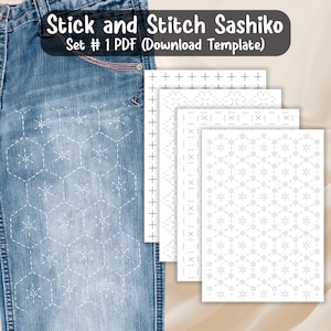 May include: Blue denim jeans with white Sashiko stitching in a geometric pattern. The image also shows four white paper templates with different Sashiko stitch patterns. Text on the image reads "Stick and Stitch Sashiko Set #1 PDF (Download Template)".