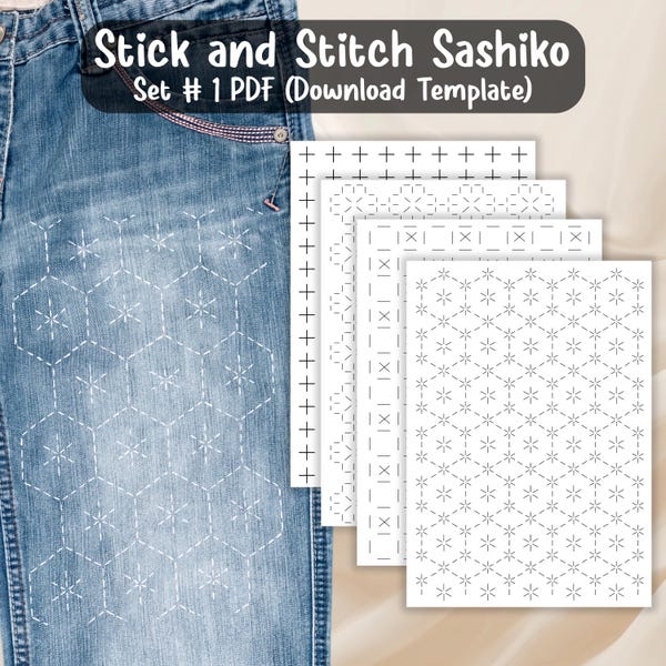 Sashiko Pattern Stick and Stitch, Embroidery Patterns, Clothing repair patterns, Sashiko Embroidery, Hand stitched sashiko