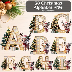 May include: A collection of 26 Christmas alphabet PNGs. Each letter is illuminated with warm white lights and decorated with a Christmas tree and a reindeer wearing a Santa hat and scarf. The letters are in a gold color and have a star pattern.