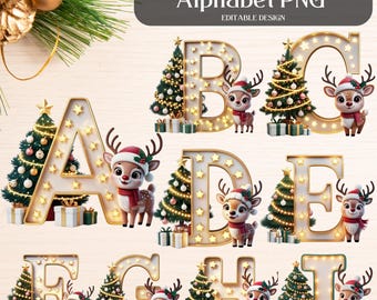Christmas Alphabet PNG, Christmas Letters Clipart, Christmas Tree Alphabets Png, Kids Christmas Reindeer PNG, Sublimation Letters  Ornament