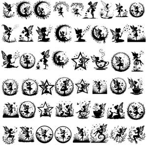 May include: A collection of black silhouette fairy designs. The fairies are depicted in various poses, including sitting on moons, stars, and teacups, and surrounded by floral and natural elements. The designs are suitable for crafts and decorations.