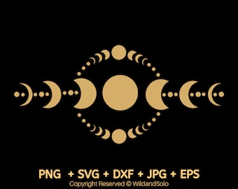 May include: A gold-colored graphic design of a circle with a full moon in the center and a series of crescent moons around the circle. The design is on a black background.