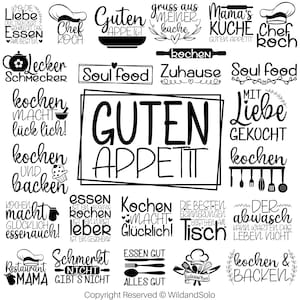Puede incluir: Elementos de diseño gráfico en blanco y negro con texto en alemán e inglés relacionados con la cocina y la repostería. El texto incluye frases como "Guten Appetit", "Soul Food", "Kochen macht glücklich" y "Mama's Küche".