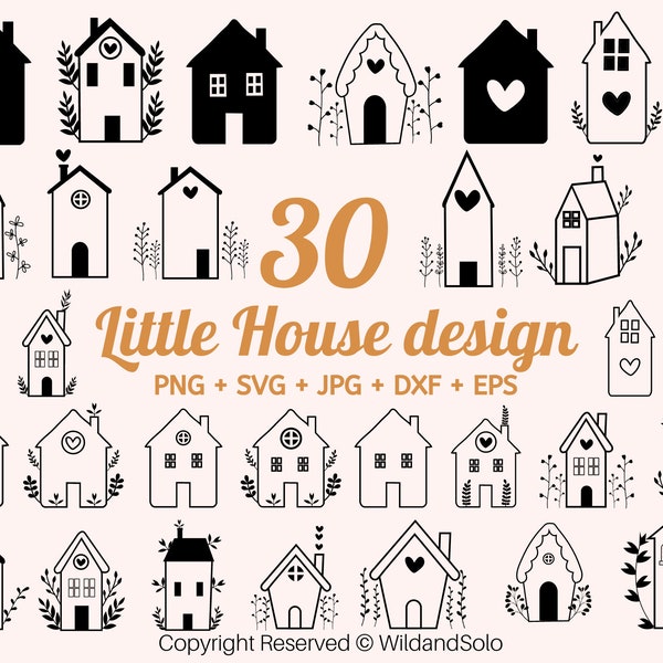 Paquete de 30 SVG de casitas pequeñas, SVG de contorno de casa, SVG de casa floral, SVG de casa con techo, SVG de casa pequeña, SVG de casa escandinava, archivo de corte para Cricut