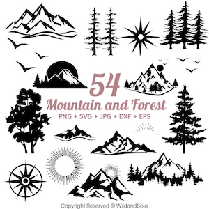 54 berg en bos SVG-bundel, berg svg clipart, berg en bos silhouetten clipart, heuvels svg, zon svg, maan svg, bomen svg