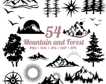 54 Mountain and forest SVG bundle, Mountain svg clipart, Mountain and forest silhouettes clipart, Hills svg, sun svg, moon svg, trees svg