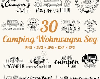 Peut inclure: Plusieurs motifs SVG sur le thème du camping, en noir et blanc. Les motifs incluent des camping-cars, des arbres et des phrases telles que "Camper Mit", "Happy Camper" et "Lass uns campen gehen". Le texte "Camping Wohnwagen Svg" est également présent.
