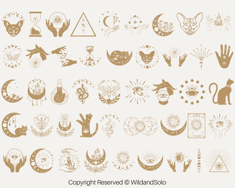 May include: A set of 36 gold-colored illustrations featuring various mystical and celestial symbols, including moons, stars, cats, hands, eyes, and crystals. The illustrations are perfect for adding a touch of magic to any project.