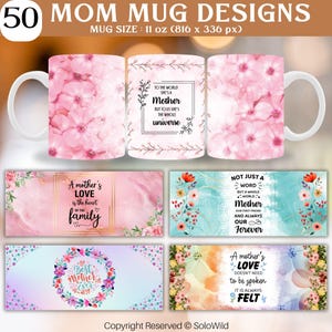 Könnte beinhalten: Eine Sammlung von 50 Mom-Tassen-Designs. Die Tassen zeigen florale Muster und herzliche Botschaften wie "Für die Welt ist sie eine Mutter, aber für uns ist sie das ganze Universum." Tassengröße: 325 ml.