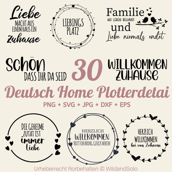 30 Home lettering sayings svg, House Heart Love Botanical svg, German Home Plotter, Wreath Family Welcome, Leaf Banner Herz svg