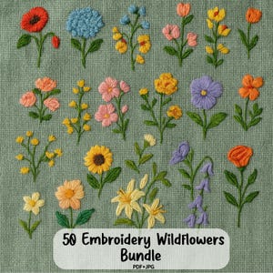 50 Wildblumen Stickmuster, Maschinenstickerei Blumen, florale Stickerei Muster, florale botanische Blume, Pdf Sofort Download