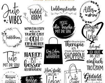 Puede incluir: Una colección de 30 diseños de bolsas de tela en blanco y negro con frases e ilustraciones alemanas. Los diseños incluyen frases como "Gute Vibes", "Tiddelkram", "Lieblingstasche", "Alles drin!" y "Moge die Tasche mit dir sein!"