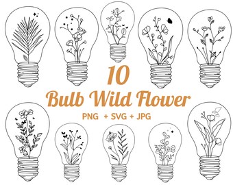 May include: Ten black and white line art illustrations of light bulbs with different wildflower designs inside. The text "10 Bulb Wild Flower" is in orange text below the images. The text "PNG + SVG + JPG" is in black text below the orange text.