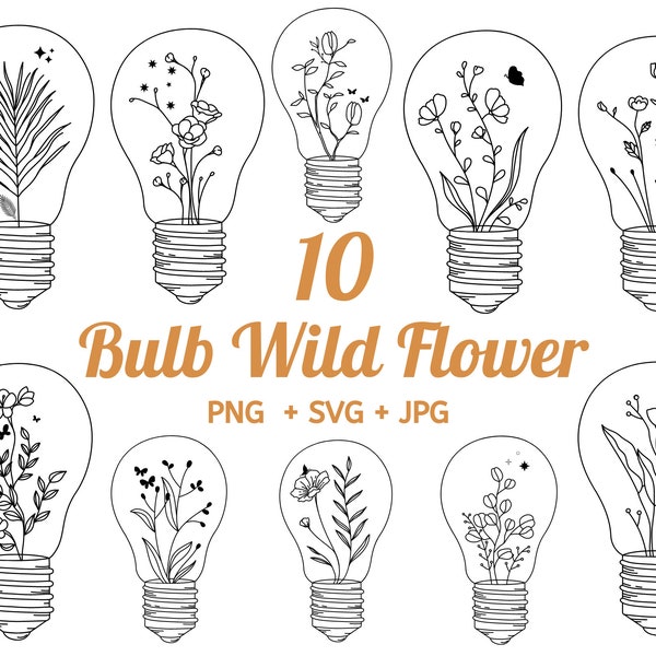 Floral Lightbulb SVG, Flower lamp Svg, wildflower svg, flower sketch svg, nature svg, Split monogram svg, Flower Light Vector,