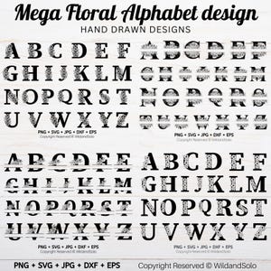 Blumenalphabet Mega Bundle, BlumenalphabetSvg, MonogrammschriftartSvg, Split-Monogrammdesign, Blumenbuchstabe SVG, Monogramm Buchstabe mit Alphabet