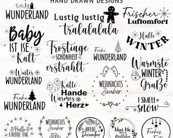 May include: A set of 30 black and white hand-drawn winter-themed designs in a variety of styles. The designs include phrases in German such as "Frohe Wunderland", "Lustig Lustig Tralalalala", "Baby ist Iese Kalt", "Frostiage Schonheit Erstrahlt", "Warmste Winter Gruße", "I Smell Snow", "Hallo Lalter Tag", "Frohes Fest", and more.