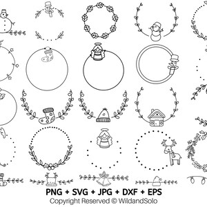 May include: A set of 20 black and white Christmas-themed wreath and frame illustrations. The illustrations feature various holiday elements such as snowmen, angels, stockings, bells, and wreaths.