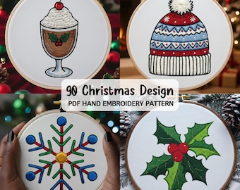 90 Christmas Design Embroidery PDF Pattern | Printable Stick and Stitch | Holiday Hoop Art | Hand Embroidery Pattern Diy | Instant Download