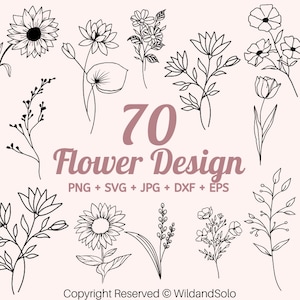 Pacote svg com 70 flores, moldura floral svg, monograma dividido svg, flores silvestres svg, buquê svg, floral svg, minimalista svg, esboço de flor svg