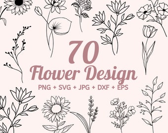 Paquete de 70 flores SVG, marco floral SVG, monograma dividido SVG, flores silvestres SVG, ramo SVG, SVG floral, SVG minimalista, boceto de flores SVG