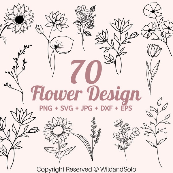 70 Flowers svg bundle, floral frame svg, Split monogram svg, Wildflowers svg, Bouquet SVG, Floral svg, Minimalist Svg, flower sketch svg