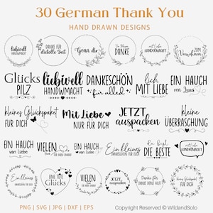 Può includere: Un set di 30 disegni a mano in bianco e nero con frasi tedesche per dire grazie, amore e apprezzamento. I disegni includono frasi come "Liebivell Handwmacht", "Dankeschön", "Mit Liebe" e "Ein Hauch von Glück".