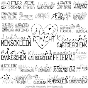 May include: Black and white illustrations of various phrases and designs related to small gifts, including "Kleines Gastgeschenk", "Handgemacht", "Ein Geschenk Nur Fur Dich", and "Lieblings Menscklein".