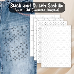 Peut inclure: Un jean bleu en denim avec un motif de point de sashiko. L'image présente également un ensemble de modèles de papier blanc avec divers motifs géométriques et floraux de sashiko. Le texte sur l'image indique "Stick and Stitch Sashiko Set #1 PDF (Download Template)".
