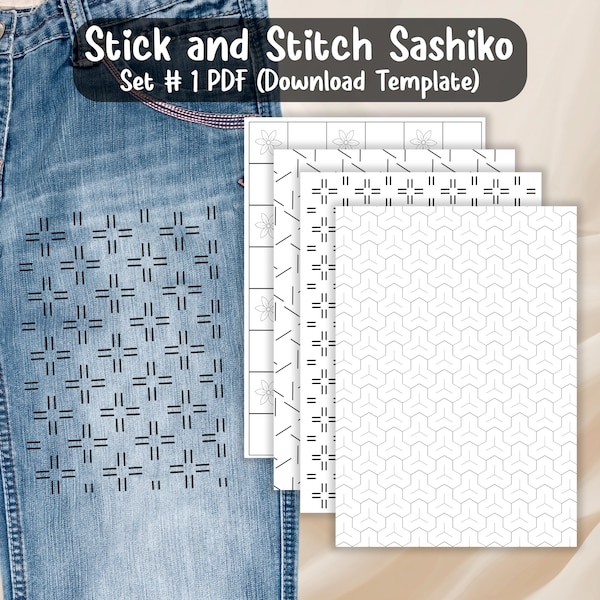 Sashiko Pattern Stick and Stitch, Embroidery Patterns, Clothing repair patterns, Sashiko Embroidery, Hand stitched sashiko