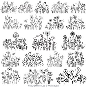 May include: A set of 16 black and white illustrations of various wildflower arrangements. Each illustration features a unique combination of flowers, leaves, and stems, creating a delicate and whimsical feel.