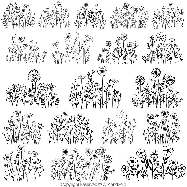 May include: A set of 16 black and white illustrations of various wildflower arrangements. Each illustration features a unique combination of flowers, leaves, and stems, creating a delicate and whimsical feel.
