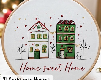 21 Christmas Houses Embroidery Pattern | Printable Stick and Stitch | Holiday Hoop Art PDF | Hand Embroidery Pattern Diy | Instant Download